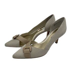 Worthington Beige & White Striped Pointed Toe Kitten Heel Shoes Size 7.5